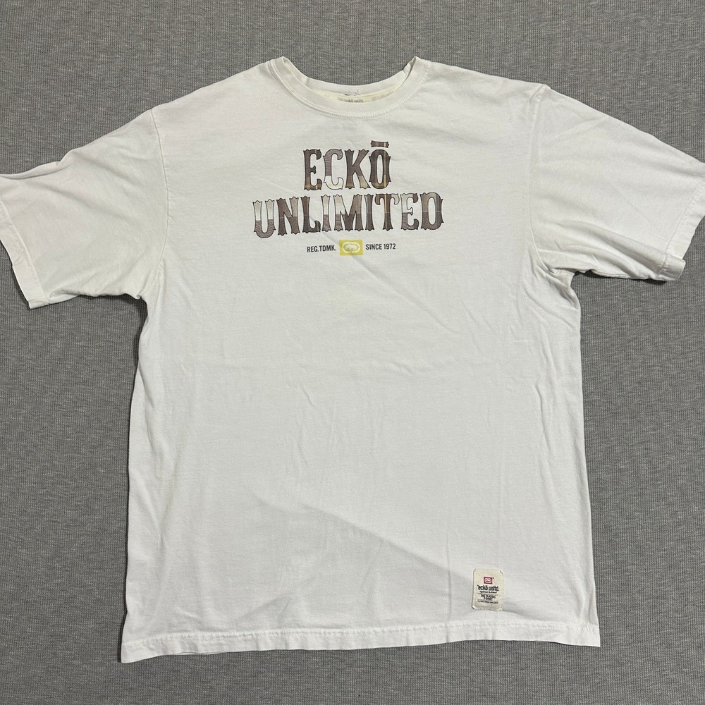 Y2K Ecko Unlimited Since 1972 Western Logo Graphic Tee White Hip Hop Mens XL
